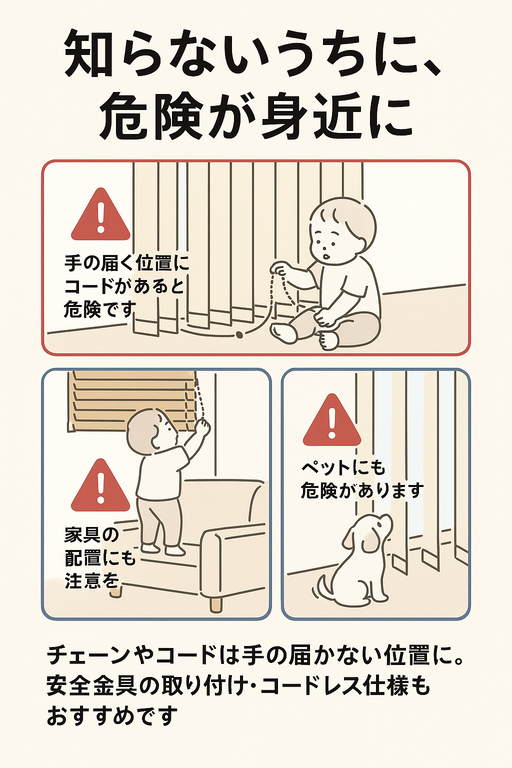 【安全対策】ブラインドやロールスクリーンのひも事故を防ぐ